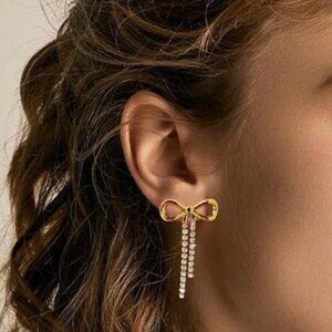 Elegant Bow Earrings with Rhinestone Chains – Handmade, Lightweight